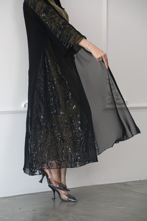 Chiffon abaya with tulle lace inserts with intense black beads and sequins