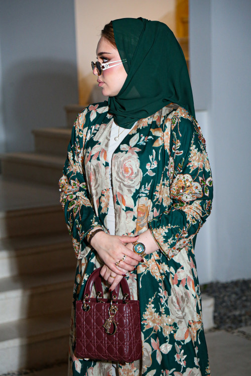 عباية زهور الجوري- Emerald Green