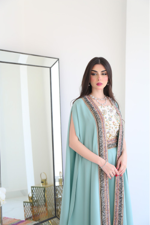 Tiffany open bisht with embroidered dress and wide pants
