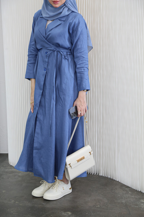Linen wrap abaya in blue jeans