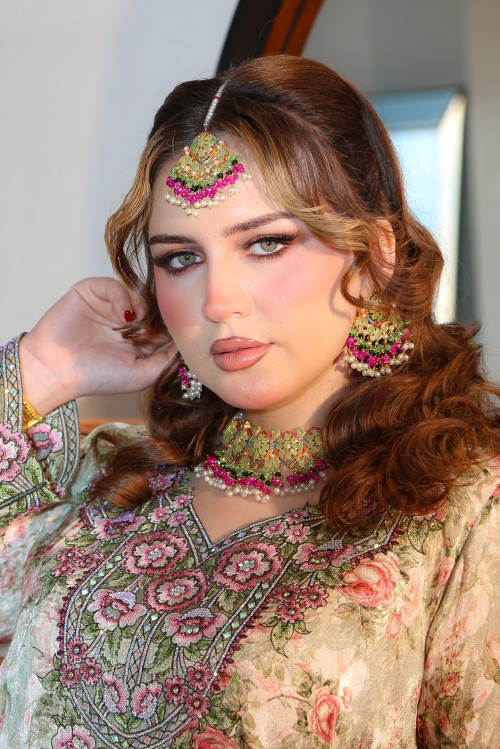 طقم اكسسوار هندي - فوشي و اخضر  زمردي