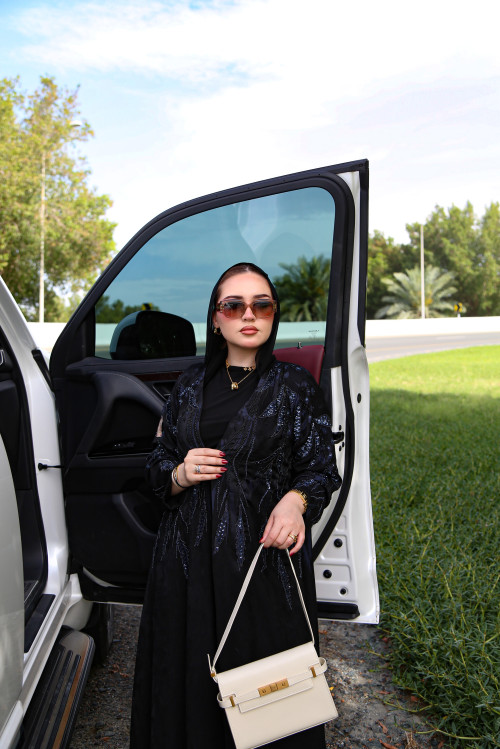 عباية جاكارد -  Navy Leaves