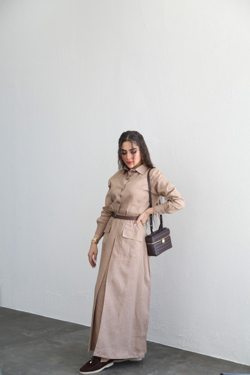 Nude linen set shirt with skirt