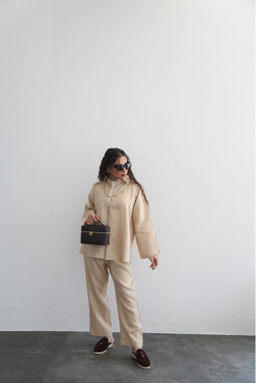 Beige linen set shirt with pants