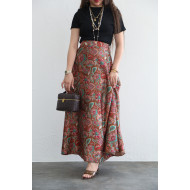 Brown silk skirt printed with colorful flowers