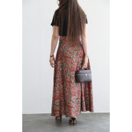 Brown silk skirt printed with colorful flowers