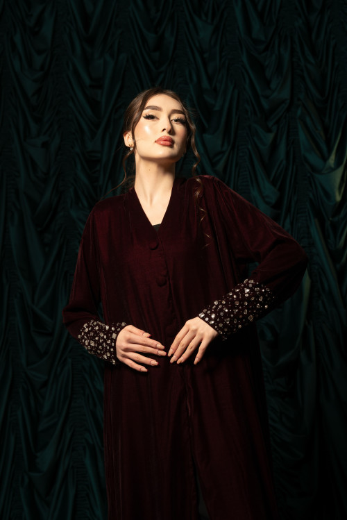 Maroon velvet abaya with Swarovski crystals