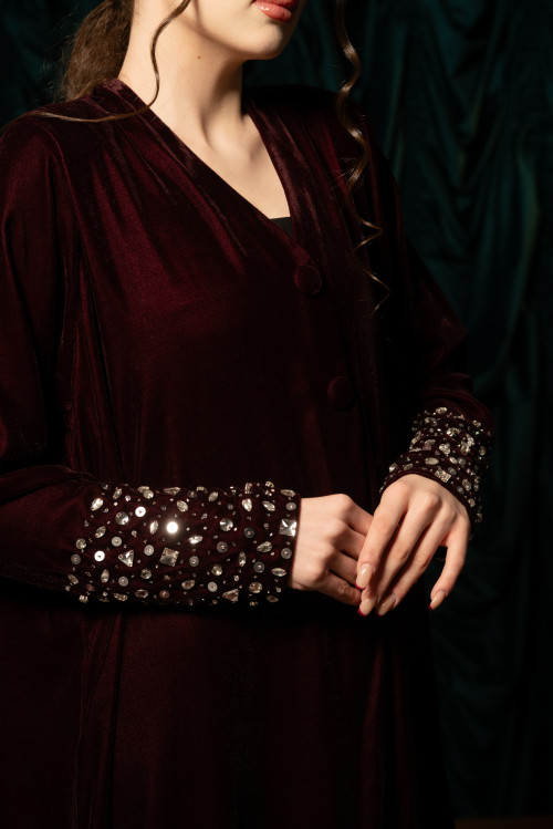 Maroon velvet abaya with Swarovski crystals