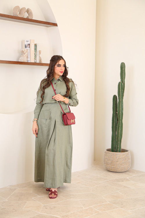 Pistachio linen set shirt with skirt