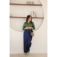 Indian organic linen green shirt set with navy blue wrap pants