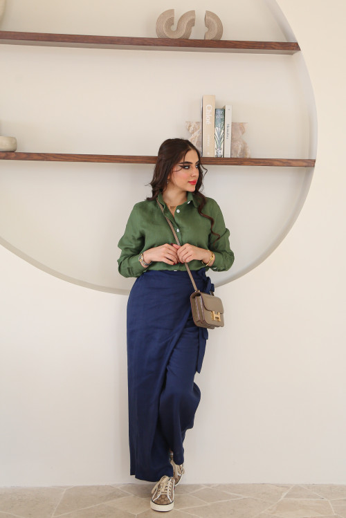 Indian organic linen green shirt set with navy blue wrap pants