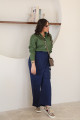 Indian organic linen green shirt set with navy blue wrap pants