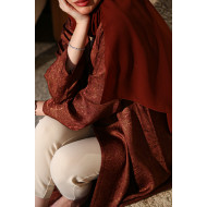 Jacquard-embellished abaya in reddish-copper colour