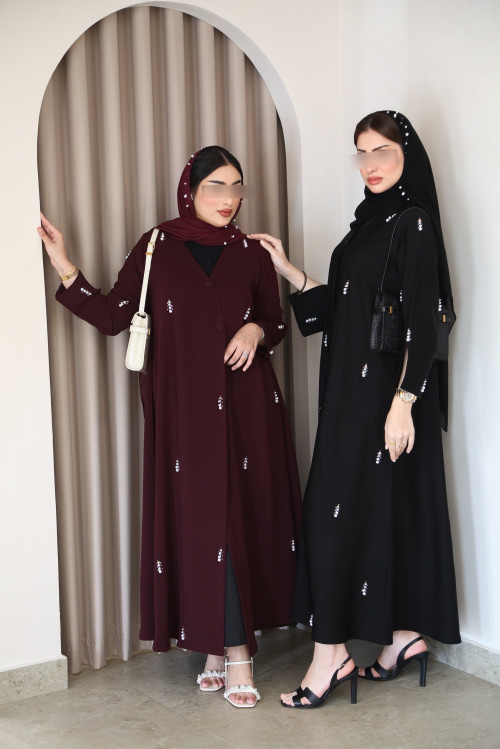 Maroon abaya embroidered with lulu