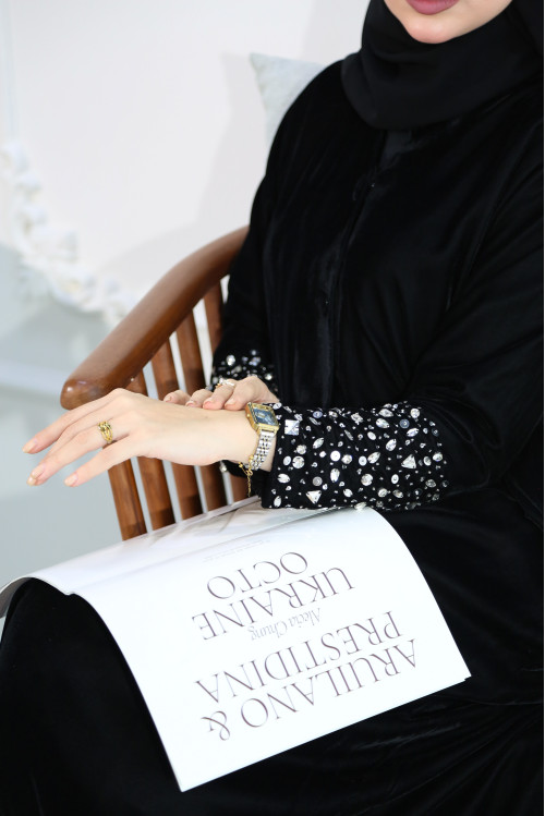 Black velvet abaya with Swarovski crystals