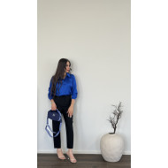 Silky blue shirt connected to the culottes