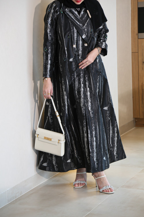Black brocade abaya with silver