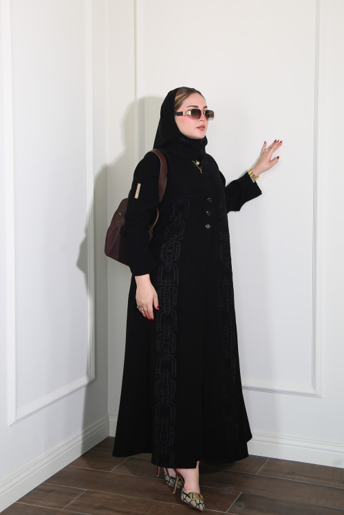 Black abaya with geometric embroidery