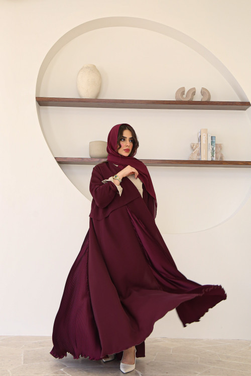 Cherry-colored abaya with pleated sides