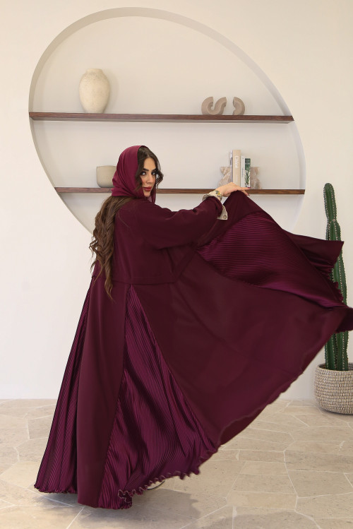 Cherry-colored abaya with pleated sides