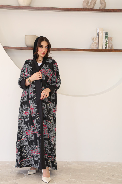 Black linen bisht abaya with folding sleeves