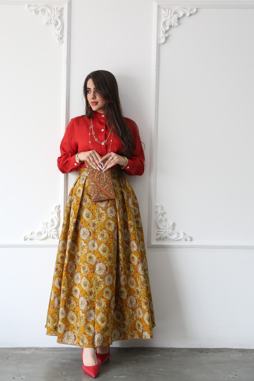 Linen shirt and skirt set in turmeric floral print