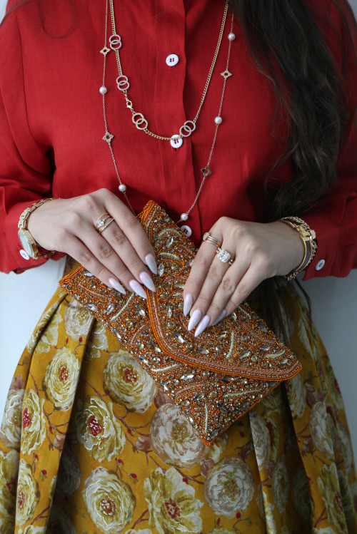 Linen shirt and skirt set in turmeric floral print