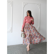 Watermelon linen shirt set with colorful printed skirt