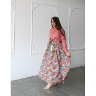 Watermelon linen shirt set with colorful printed skirt