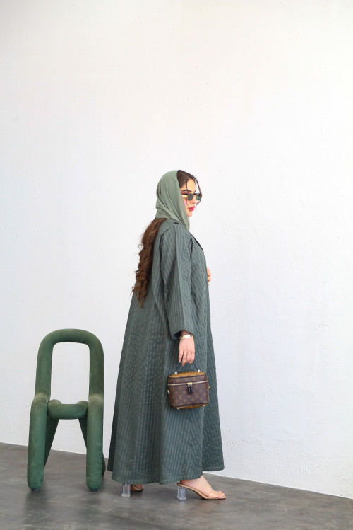 Gray-green striped linen blazer abaya