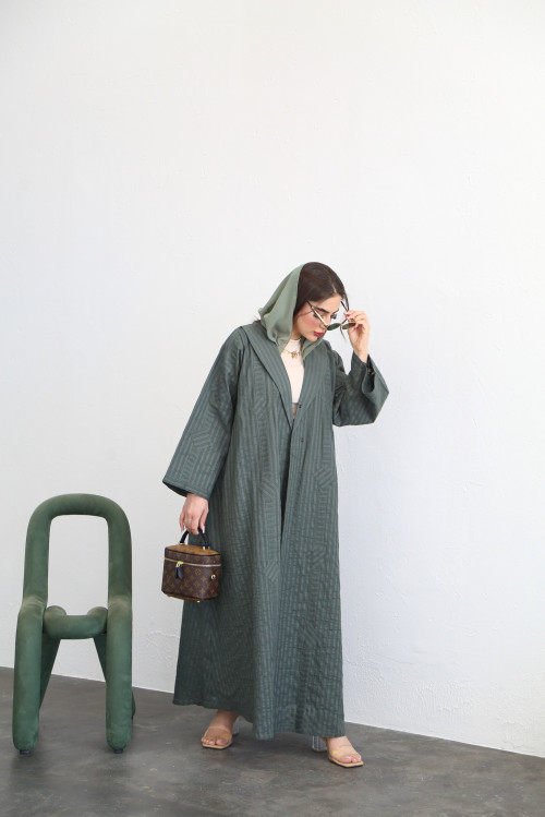 Gray-green striped linen blazer abaya