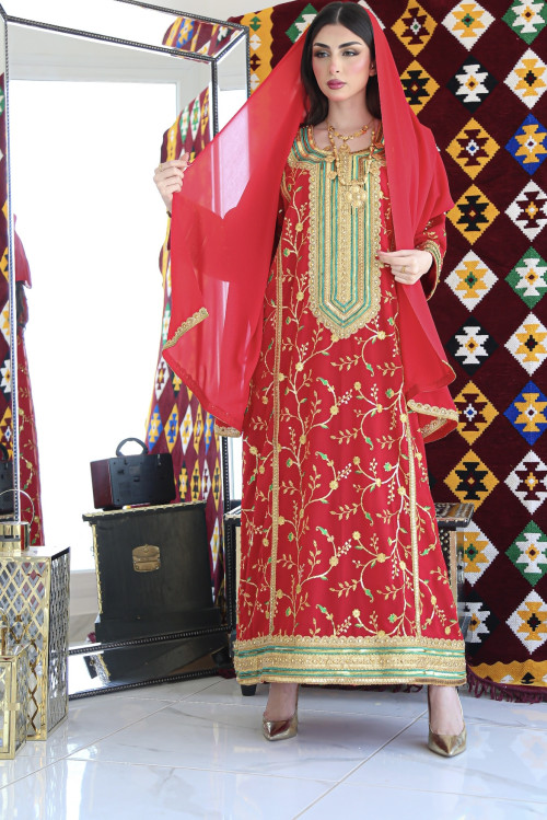 A traditional dress in fiery red color with sheila