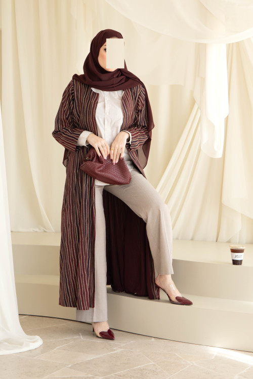 Maroon striped abaya