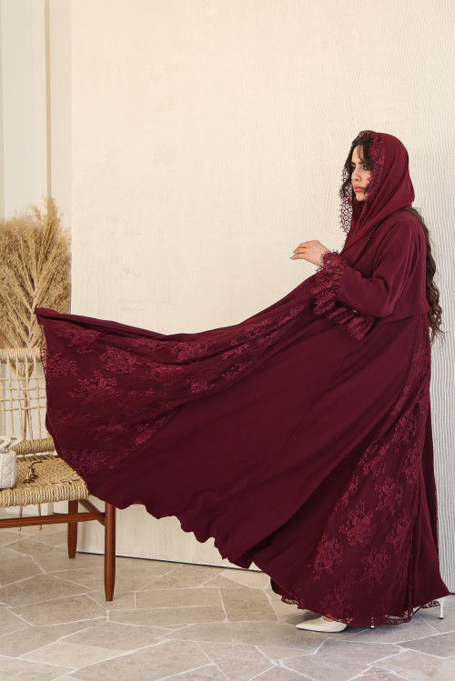 Maroon abaya with Victorian sleeves and soft tulle inserts