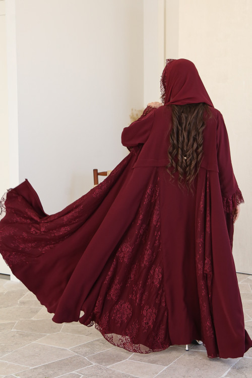 Maroon abaya with Victorian sleeves and soft tulle inserts