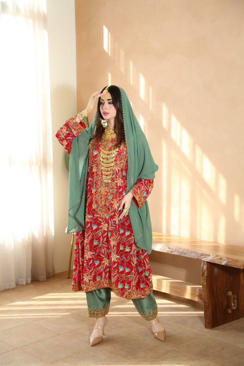 Red Balochi traditional dress with trousers