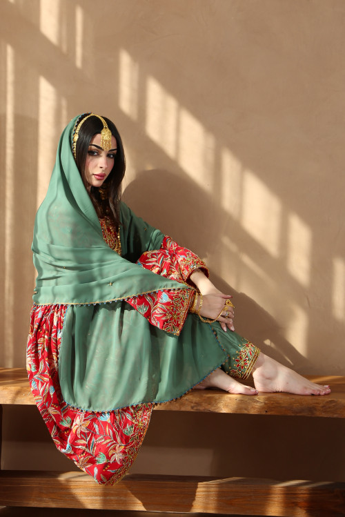 Red Balochi traditional dress with trousers