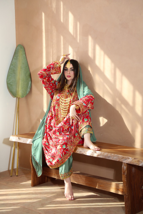 Red Balochi traditional dress with trousers