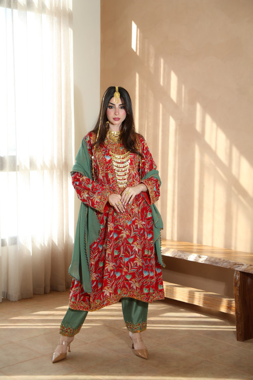 Red Balochi traditional dress with trousers