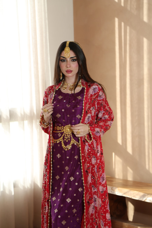 Indian bisht in red and purple