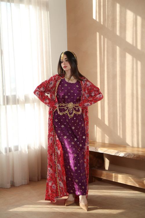 Indian bisht in red and purple