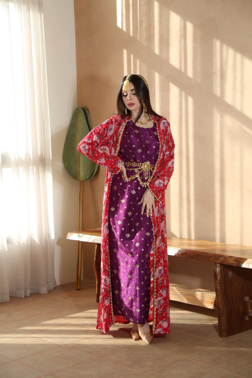 Indian bisht in red and purple