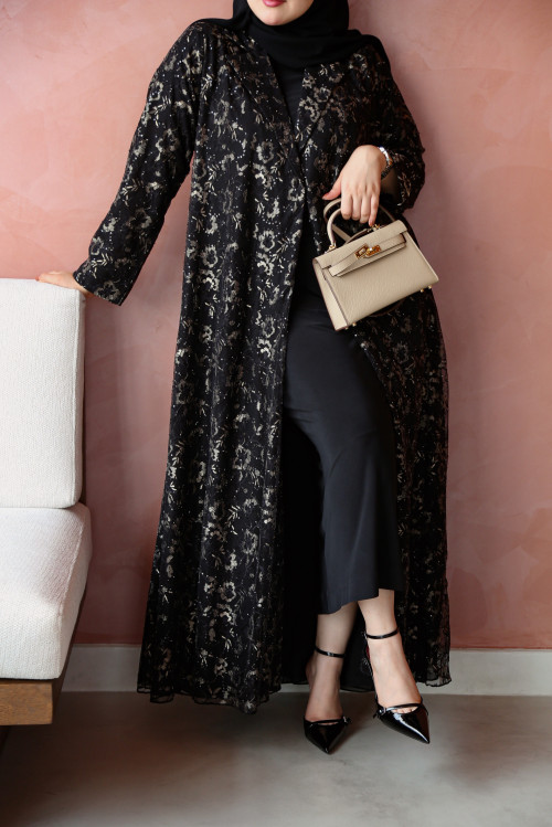 Luxurious French lace abaya in black and gold