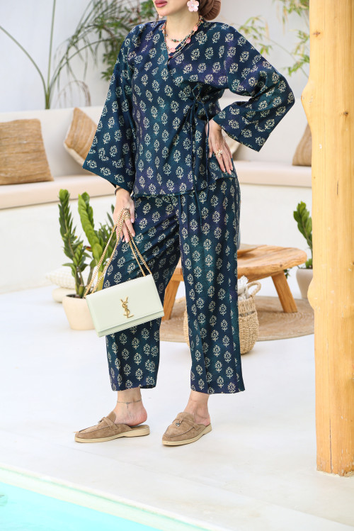 Navy blue side wrap blouse set
