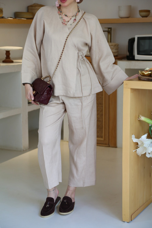 Beige Linen Side Wrap Blouse Set