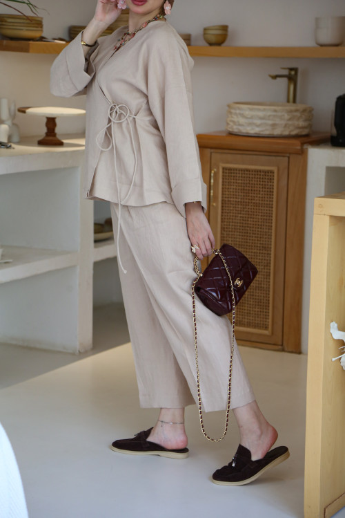 Beige Linen Side Wrap Blouse Set