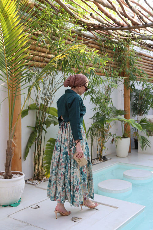 Turquoise jacket set with layered skirt