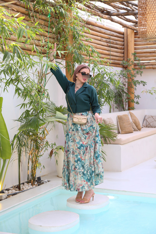 Turquoise jacket set with layered skirt