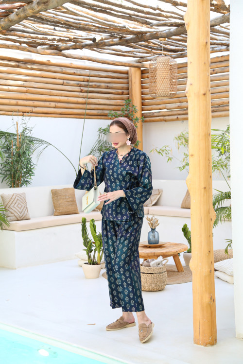 Navy blue side wrap blouse set