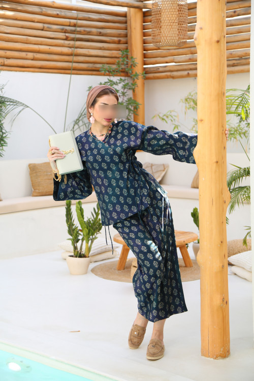 Navy blue side wrap blouse set